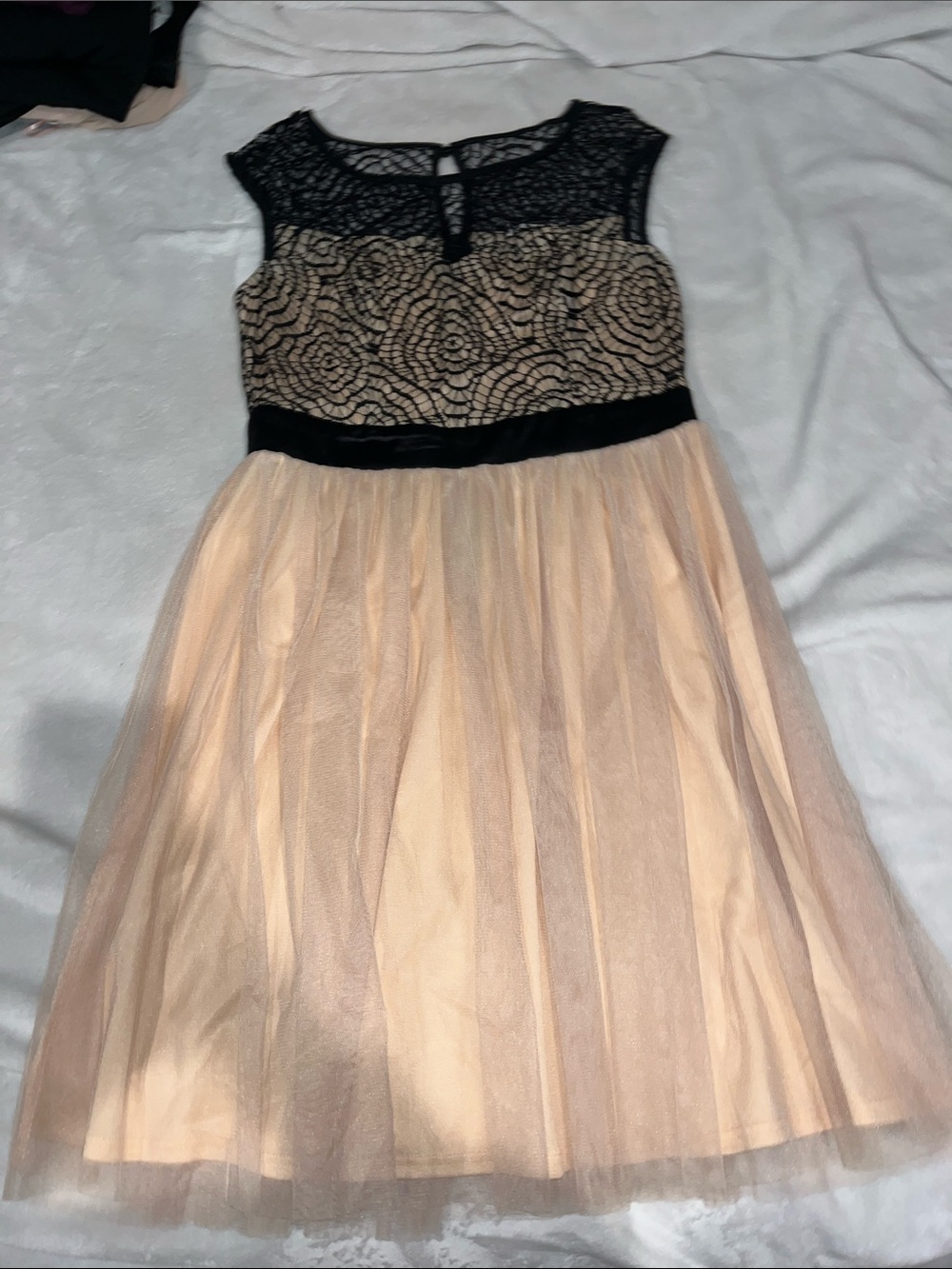 Mystic Black Lace and Peach Tulle Midi Dress